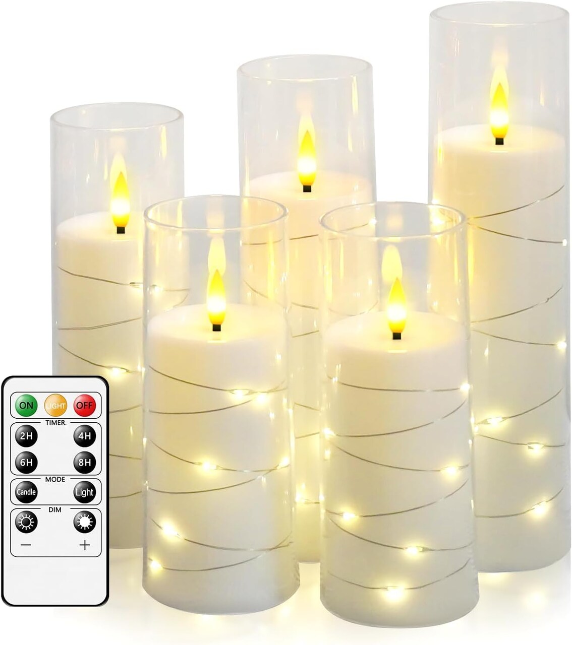Flameless Candles Battery Operated,5 Pcs Acrylic Flickering LED Candles with Remote,with Embedded Star String Flameless Pillar Candle,Home Decor Halloween Christmas Creating Ambiance(White)